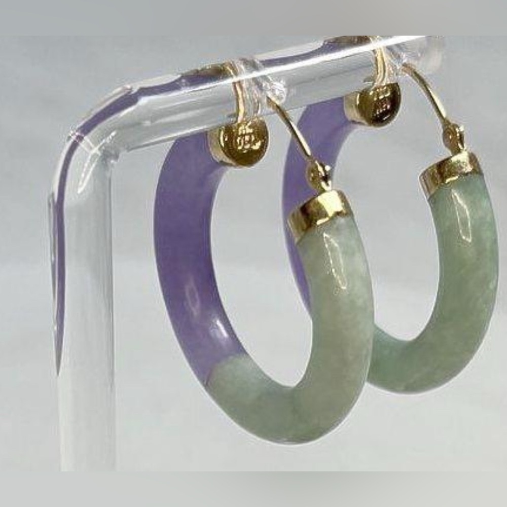 14K Y Gold Lavender & Green Jadeite Hoop Earrings 5mm & 1” Round Lot 756